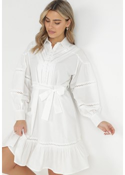 Biała Koszulowa Sukienka z Bufiastym Rękawem i Ażurowymi Wstawkami Staples ze sklepu Born2be Odzież w kategorii Sukienki - zdjęcie 149064584