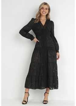 Czarna Koronkowa Sukienka z Falbanką i Ozdobnymi Guzikami Hines ze sklepu Born2be Odzież w kategorii Sukienki - zdjęcie 149070500