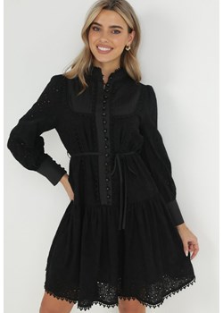 Czarna Sukienka z Haftowanej Tkaniny ze Stójką i Perłowymi Guzikami  Salino ze sklepu Born2be Odzież w kategorii Sukienki - zdjęcie 149070590