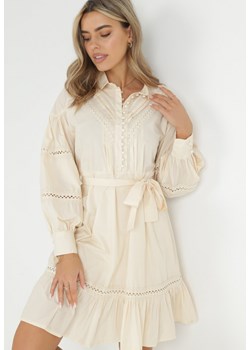 Beżowa Koszulowa Sukienka z Bufiastym Rękawem i Ażurowymi Wstawkami Staples ze sklepu Born2be Odzież w kategorii Sukienki - zdjęcie 149089832