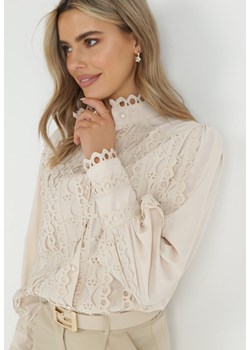 Beżowa Koszula Ażurowa ze Stójką Arnot ze sklepu Born2be Odzież w kategorii Koszule damskie - zdjęcie 149093211