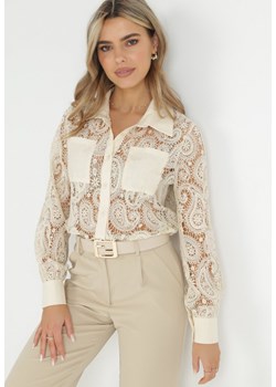 Jasnobeżowa Ażurowa Koszula z Kieszeniami Clarimonda ze sklepu Born2be Odzież w kategorii Koszule damskie - zdjęcie 149093223