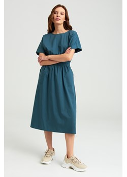 Rozkloszowana, turkusowa sukienka z bawełny ze sklepu Greenpoint.pl w kategorii Sukienki - zdjęcie 149105314