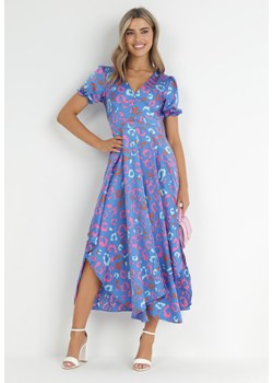 Niebieska Sukienka Maxi z Asymetrycznym Dołem i Krótkim Rękawem z Falbankami Ammie ze sklepu Born2be Odzież w kategorii Sukienki - zdjęcie 149352771