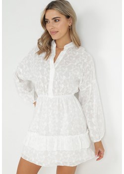 Biała Haftowana Mini Sukienka z Falbanką Panalisa ze sklepu Born2be Odzież w kategorii Sukienki - zdjęcie 149352802