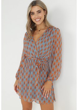 Niebiesko-Pomarańczowa Kopertowa Sukienka Mini z Gumką w Pasie Anitra ze sklepu Born2be Odzież w kategorii Sukienki - zdjęcie 149352834