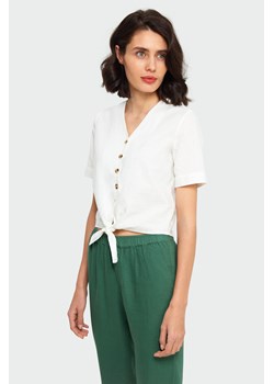 Lniana bluzka z wiązaniem z przodu, zapinana na guziki ze sklepu Greenpoint.pl w kategorii Bluzki damskie - zdjęcie 149364381