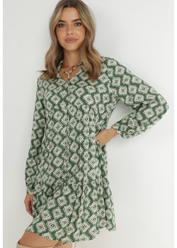 Zielona Sukienka Rozkloszowana w Geometryczny Wzór Zirami ze sklepu Born2be Odzież w kategorii Sukienki - zdjęcie 149389313