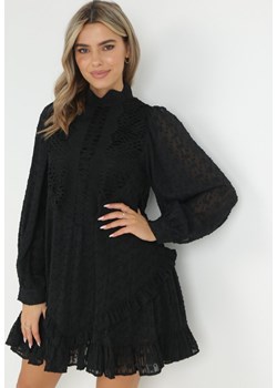 Czarna Ażurowa Sukienka Mini ze Stójką i Falbankami Ranones ze sklepu Born2be Odzież w kategorii Sukienki - zdjęcie 149390423