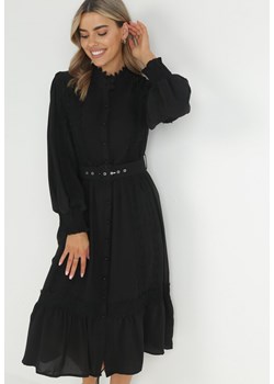 Czarna Sukienka Koszulowa z Paskiem I Koronkowymi Wstawkami Nolenne ze sklepu Born2be Odzież w kategorii Sukienki - zdjęcie 149465304