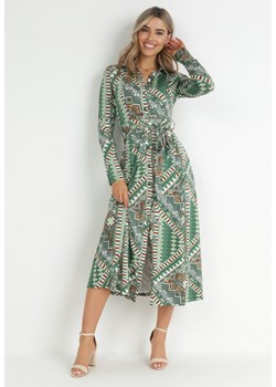 Zielona Sukienka z Geometrycznym Wzorem i Materiałowym Paskiem Ivanne ze sklepu Born2be Odzież w kategorii Sukienki - zdjęcie 150621252