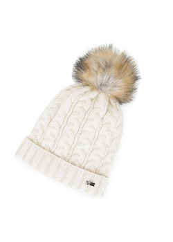 Damska czapka o warkoczowym splocie z pomponem kremowa ze sklepu WITTCHEN w kategorii Czapki zimowe damskie - zdjęcie 150629012