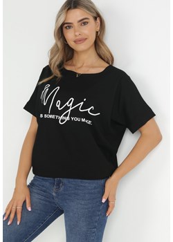 Czarny T-shirt Oversize z Dekoracyjnym Napisem Hapeli ze sklepu Born2be Odzież w kategorii Bluzki damskie - zdjęcie 150642941