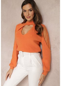 Pomarańczowy Sweter z Golfem Wycięciem i Koronką na Rękawie Indiah ze sklepu Renee odzież w kategorii Swetry damskie - zdjęcie 150692323