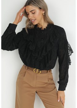Czarna Koszula z Metaliczną Nitką i Wstawkami z Koronki Eevee ze sklepu Born2be Odzież w kategorii Koszule damskie - zdjęcie 150720434