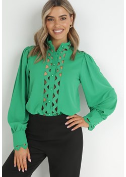 Zielona Koszula ze Stójką i Koronkowymi Wstawkami Calsih ze sklepu Born2be Odzież w kategorii Koszule damskie - zdjęcie 150857650