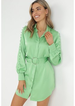 Zielona Satynowa Sukienka Koszulowa z Paskiem i Guzikami na Rękawach Cillas ze sklepu Born2be Odzież w kategorii Sukienki - zdjęcie 150873610