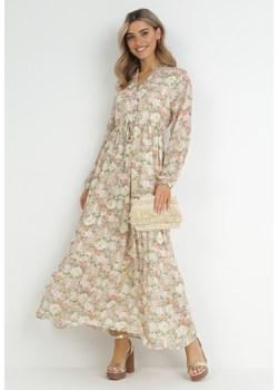 Jasnobeżowa Rozkloszowana Sukienka Maxi z Błyszczącą Nitką i Sznurkiem Galiasa ze sklepu Born2be Odzież w kategorii Sukienki - zdjęcie 150881181