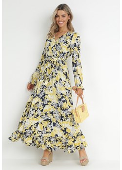 Żółto-Granatowa Sukienka Maxi z Gumką w Pasie i Falbanką na Dole Bexli ze sklepu Born2be Odzież w kategorii Sukienki - zdjęcie 150881193