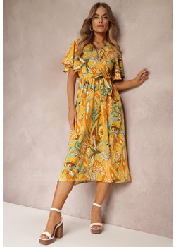 Żółta Wiązana Sukienka Midi z Gumką w Pasie i Kopertowym Dekoltem Isata ze sklepu Renee odzież w kategorii Sukienki - zdjęcie 151100973
