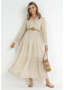 Jasnobeżowa Sukienka z Kopertowym Dekoltem i Plecionym Paskiem Dirmi ze sklepu Born2be Odzież w kategorii Sukienki - zdjęcie 151104073
