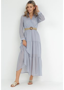Jasnoniebieska Sukienka z Kopertowym Dekoltem i Plecionym Paskiem Dirmi ze sklepu Born2be Odzież w kategorii Sukienki - zdjęcie 151810691