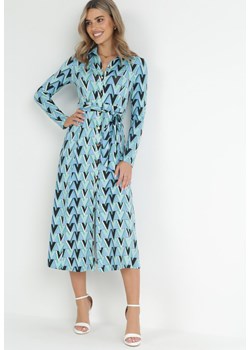 Niebieska Sukienka Maxi z Wiązanym Paskiem i Geometrycznym Wzorem Annalea ze sklepu Born2be Odzież w kategorii Sukienki - zdjęcie 151810854