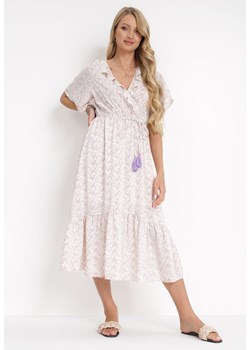 Różowo-Jasnofioletowa Sukienka z Gumką w Pasie i Kopertowym Dekoltem z Falbankami Kyphine ze sklepu Born2be Odzież w kategorii Sukienki - zdjęcie 151810984