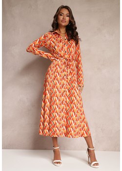 Pomarańczowa Koszulowa Sukienka w Mozaikowy Wzór Wiązana w Pasie Azalie ze sklepu Renee odzież w kategorii Sukienki - zdjęcie 151814133