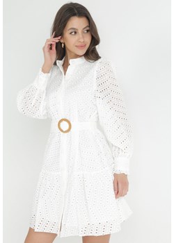 Biała Bawełniana Sukienka z Paskiem i Ażurowym Haftem Joannah ze sklepu Born2be Odzież w kategorii Sukienki - zdjęcie 152281971