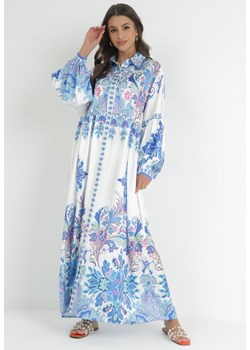 Biało-Niebieska Sukienka Maxi z Guzikami i Bufiastymi Rękawami Janaina ze sklepu Born2be Odzież w kategorii Sukienki - zdjęcie 152282222