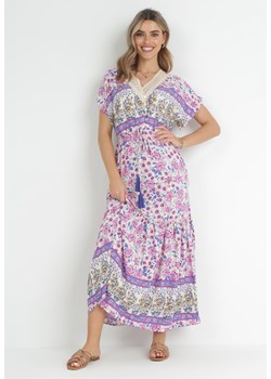 Fioletowa Sukienka Maxi z Guzikami i Koronkowym Dekoltem Cristyn ze sklepu Born2be Odzież w kategorii Sukienki - zdjęcie 152320911