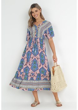 Niebieska Sukienka Midi z Wiskozy z Gumką w Talii z Szerokimi Rękawami Damatia ze sklepu Born2be Odzież w kategorii Sukienki - zdjęcie 152321011