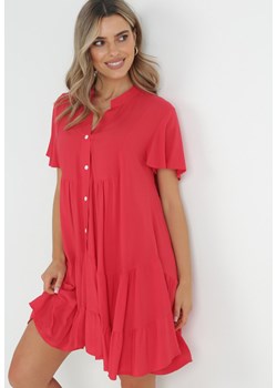 Czerwona Sukienka Koszulowa z Falbanką Selentha ze sklepu Born2be Odzież w kategorii Sukienki - zdjęcie 152374483