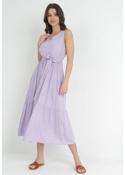Fioletowa Wiskozowa Sukienka Midi z Gumką w Pasie i Materiałowym Paskiem Bicuh ze sklepu Born2be Odzież w kategorii Sukienki - zdjęcie 152374563