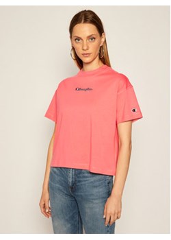 Champion T-Shirt Cropped Oversized Small Script Logo 113195 Różowy Custom Fit ze sklepu MODIVO w kategorii Bluzki damskie - zdjęcie 152690770