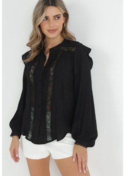Czarna Koszula z Guzikami i Ozdobną Koronką Penelina ze sklepu Born2be Odzież w kategorii Koszule damskie - zdjęcie 152705122