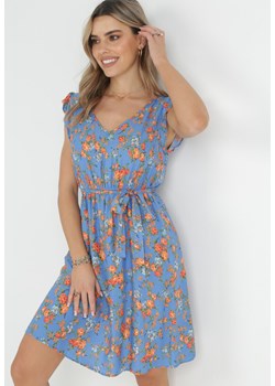 Niebieska Sukienka z Gumką w Pasie z Wiskozy w Kwiaty Chrysa ze sklepu Born2be Odzież w kategorii Sukienki - zdjęcie 152705482
