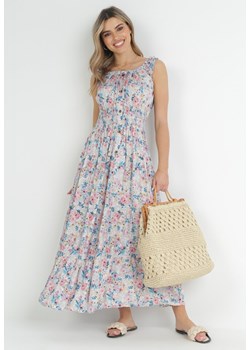 Jasnoniebieska Sukienka w Kwiaty z Gumką w Pasie i Falbaną na Dole Lisaria ze sklepu Born2be Odzież w kategorii Sukienki - zdjęcie 152901910