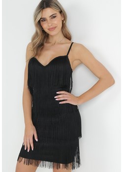 Czarna Sukienka Mini na Regulowanych Ramiączkach Zdobiona Frędzlami Tristi ze sklepu Born2be Odzież w kategorii Sukienki - zdjęcie 152902050