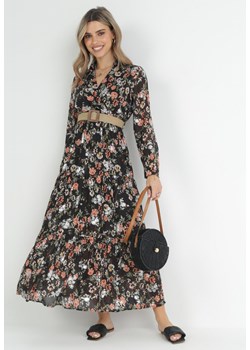 Czarna Rozkloszowana Sukienka Maxi z Kołnierzykiem i Plecionym Paskiem Celline ze sklepu Born2be Odzież w kategorii Sukienki - zdjęcie 152902070