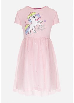 Różowa Sukienka z Tiulowym Dołem i Ozdobnym Nadrukiem z Brokatem Eborena ze sklepu Born2be Odzież w kategorii Sukienki dziewczęce - zdjęcie 152911783