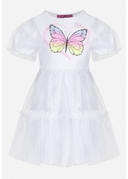 Biała Sukienka z Brokatowym Motylkiem i Tiulowym Dołem Princessia ze sklepu Born2be Odzież w kategorii Sukienki dziewczęce - zdjęcie 152937584