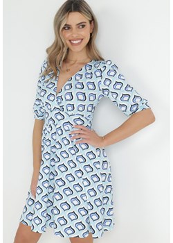 Niebieska Rozkloszowana Sukienka z Bufiastymi Rękawami w Geometryczny Wzór Avory ze sklepu Born2be Odzież w kategorii Sukienki - zdjęcie 153023300