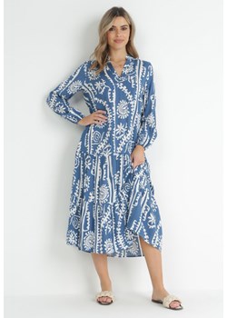 Niebieska Sukienka Oversize z Falbaną na Dole i Ornamentalnym Wzorem Amycia ze sklepu Born2be Odzież w kategorii Sukienki - zdjęcie 153023371