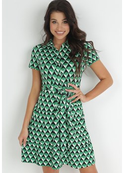 Zielona Koszulowa Sukienka Mini z Guzikami i Materiałowym Paskiem Jazlena ze sklepu Born2be Odzież w kategorii Sukienki - zdjęcie 153135800