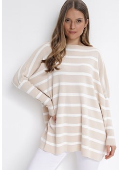 Beżowy Sweter Oversize w Paski z Rękawami Nietoperz Caelania ze sklepu Born2be Odzież w kategorii Swetry damskie - zdjęcie 153138221
