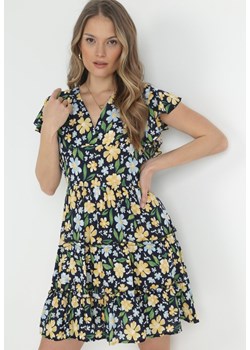 Granatowa Sukienka Taliowana z Wiskozy w Kwiaty Adomisia ze sklepu Born2be Odzież w kategorii Sukienki - zdjęcie 153140603