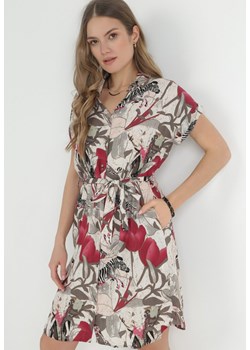 Beżowo-Fuksjowa Sukienka Koszulowa Mini Wiązana w Pasie Zoltia ze sklepu Born2be Odzież w kategorii Sukienki - zdjęcie 153161573