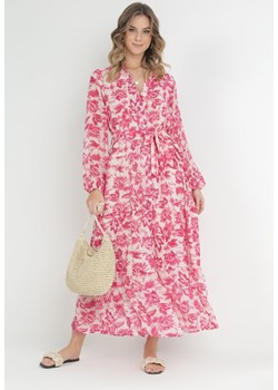 Fuksjowa Sukienka Maxi w Kwiaty z Guzikami i Materiałowym Paskiem Kinzey ze sklepu Born2be Odzież w kategorii Sukienki - zdjęcie 153197854